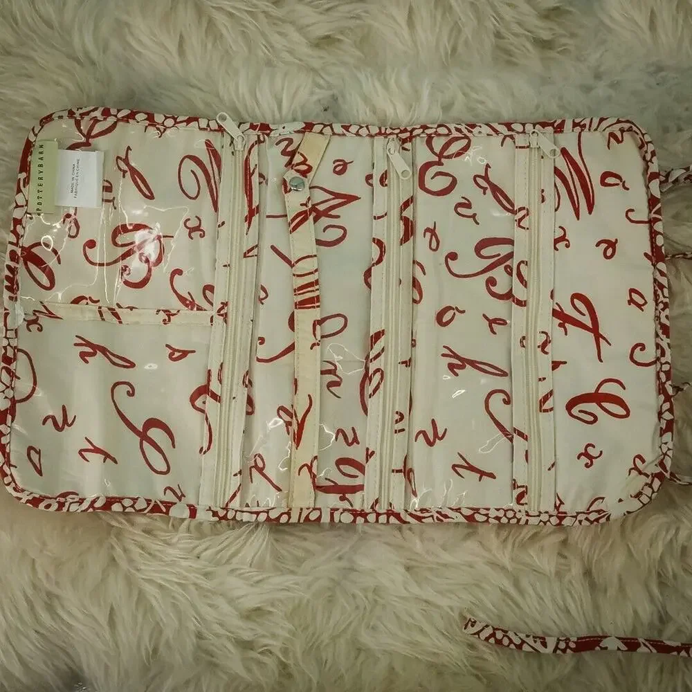 Pottery Barn Red Floral Print Dolly Fabric Multi-Compartment Travel Jewelry Roll